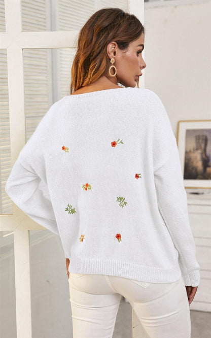 Embroidery Floral V Neck Jumper In White