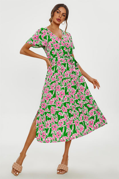 Pink Floral Print Hem Tiered Wrap Midi Dress In Green