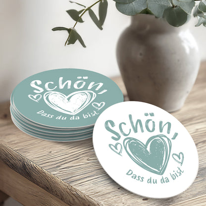 50 Bierdeckel Rund Schön dass du da bist, Herzfunke Kritzelmoment Eukalyptus Mint