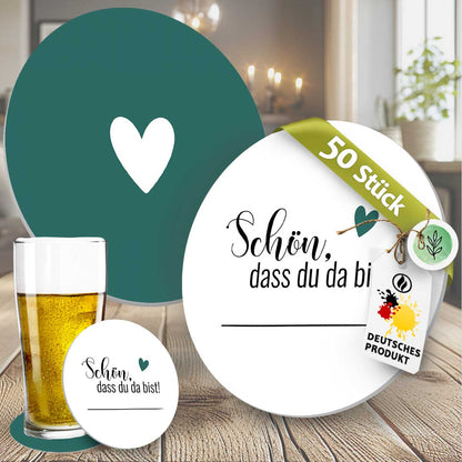 50 Bierdeckel Schön dass du da bist Herz grün, Herzfunke True Heart
