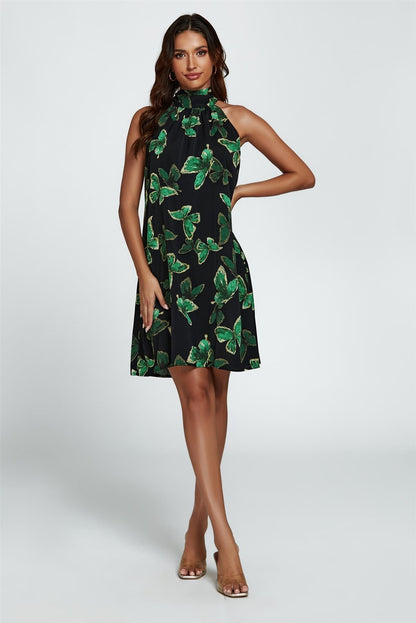 Butterfly Print Halter Neck Tie Back Mini Dress In Green