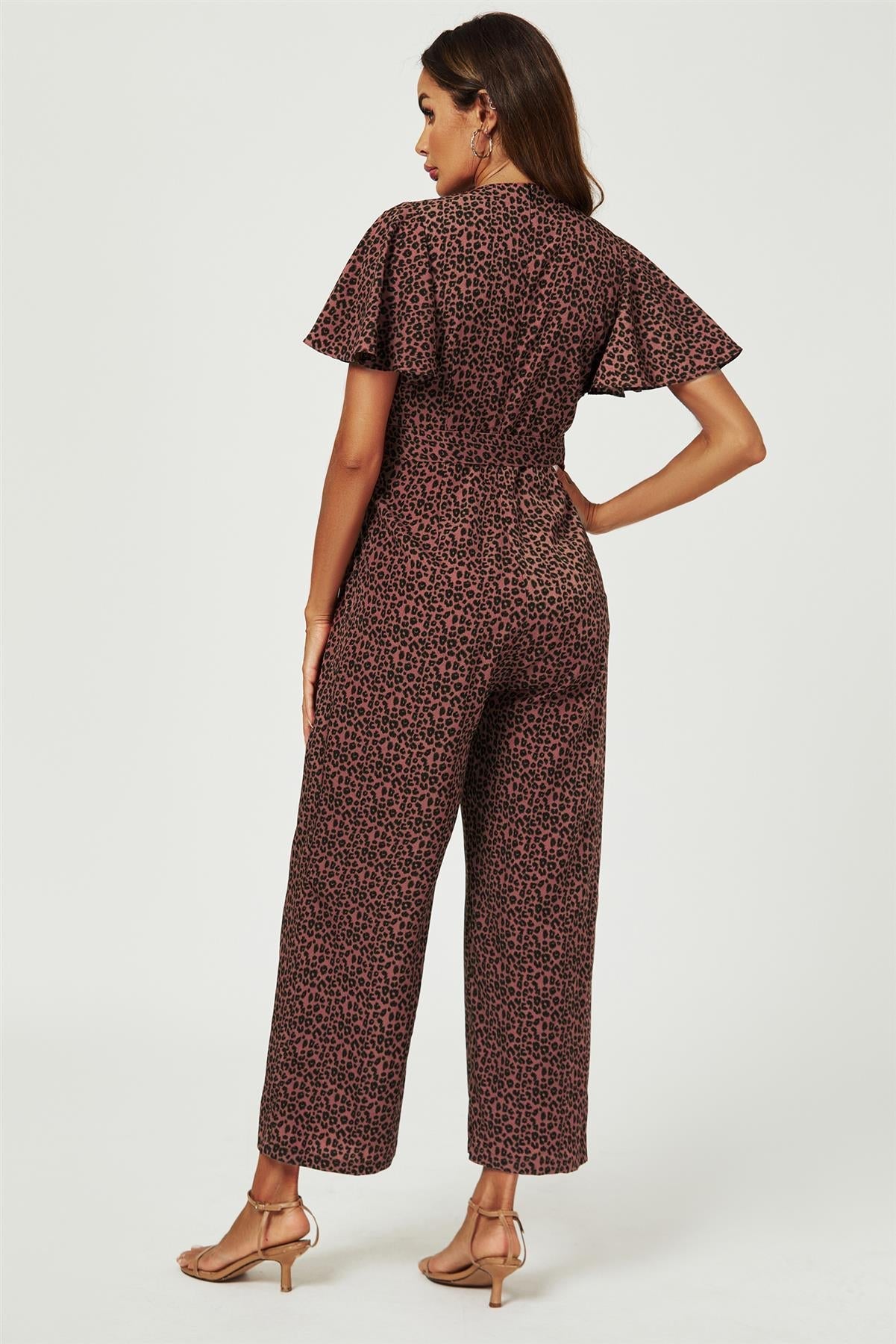 Leopard Print Wrap Top Jumpsuit In Rusty