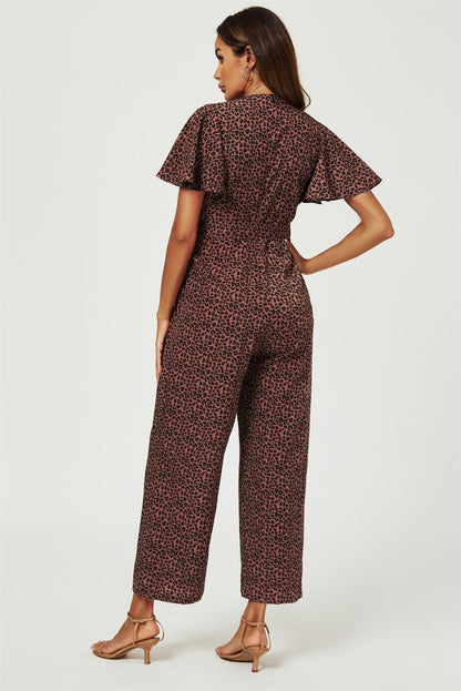 Leopard Print Wrap Top Jumpsuit In Rusty