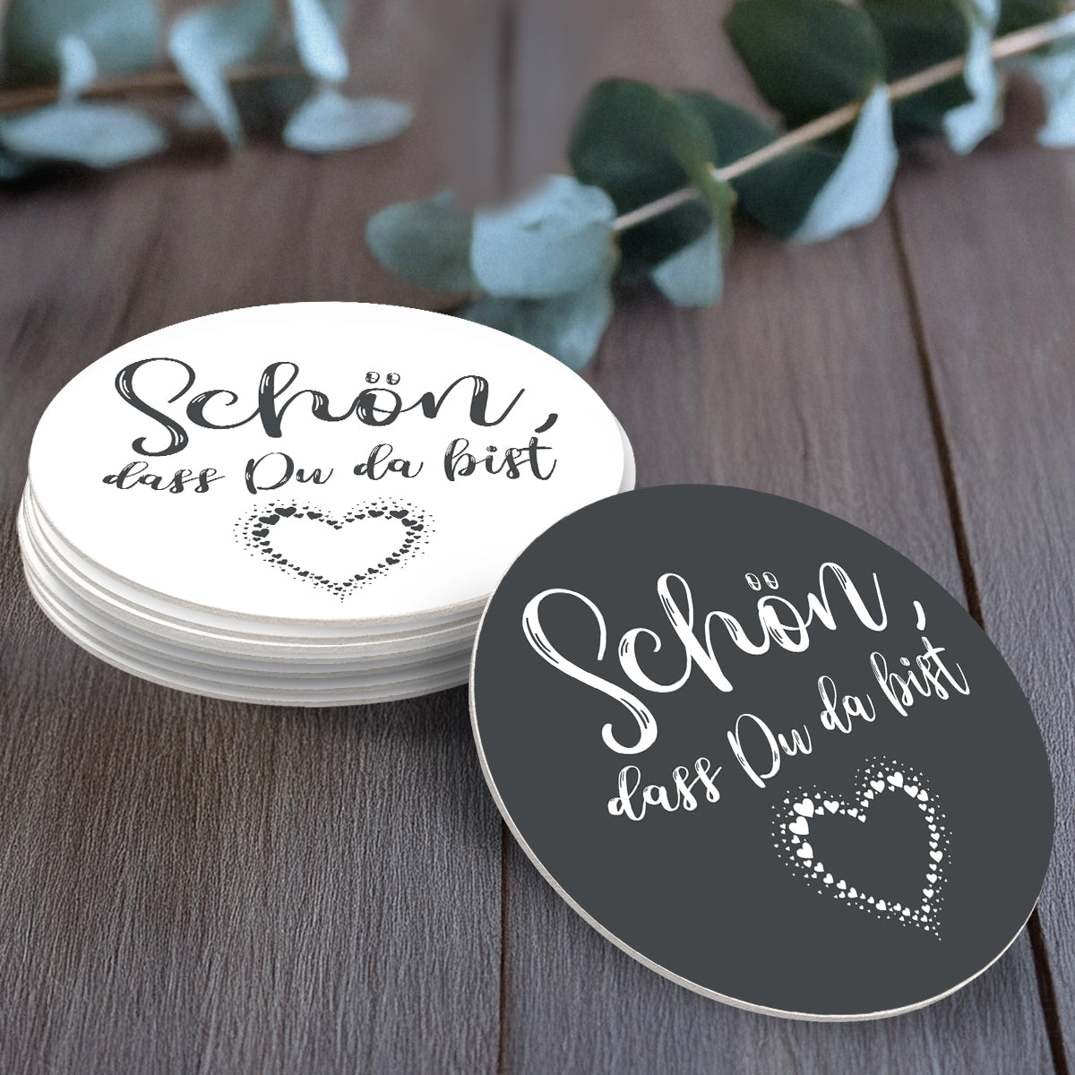 50 Bierdeckel rund Schön dass du da bist Herz, Herzfunke Dancing Hearts