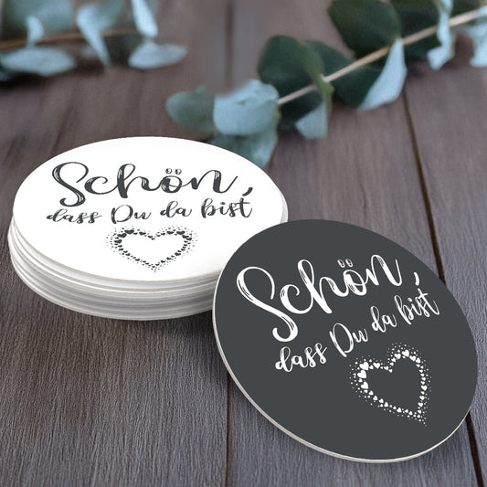 50 Bierdeckel rund Schön dass du da bist Herz, Herzfunke Dancing Hearts