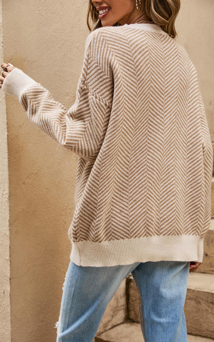 Chic Geometric Intarsia Knit Jumper Top In Beige & Taupe