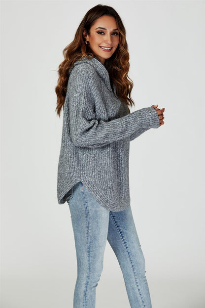 Zip Detail Knit Hoodie In Grey