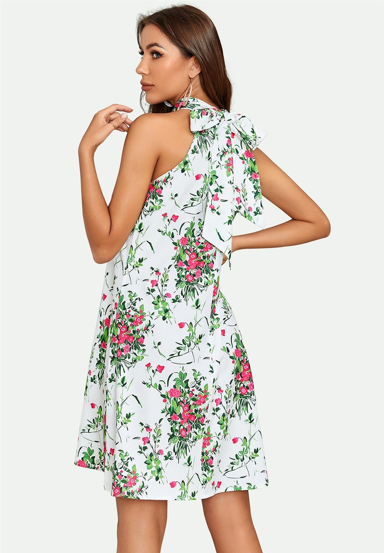 Pink Floral Print Halter Neck Tie Back Mini Dress In White