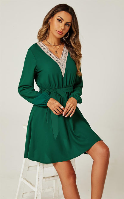 Lace Trim V Neck Mini Dress In Green