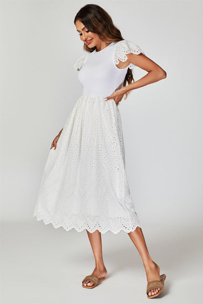 Jersey Broderie Midi Dress In White