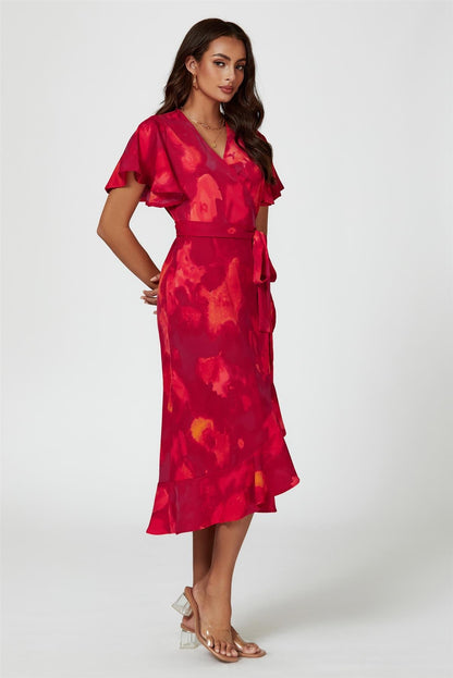 Abstract Print Angel Sleeve Wrap Midi Dress In Red