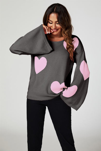 Heart Patten Wide Sleeve Oversize Jumper In Dark Grey