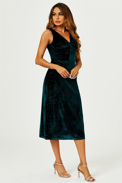 Samt-Midi-Kleid mit Silberglanz & Knotendetail in Grün