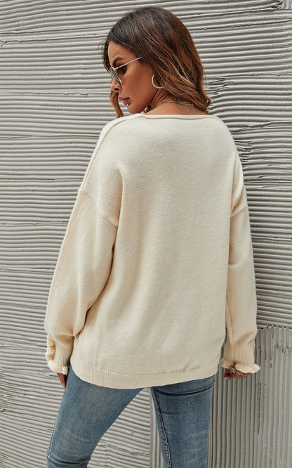 Soft V Neck Frill Detail Long Sleeve Jumper Top In Light Beige
