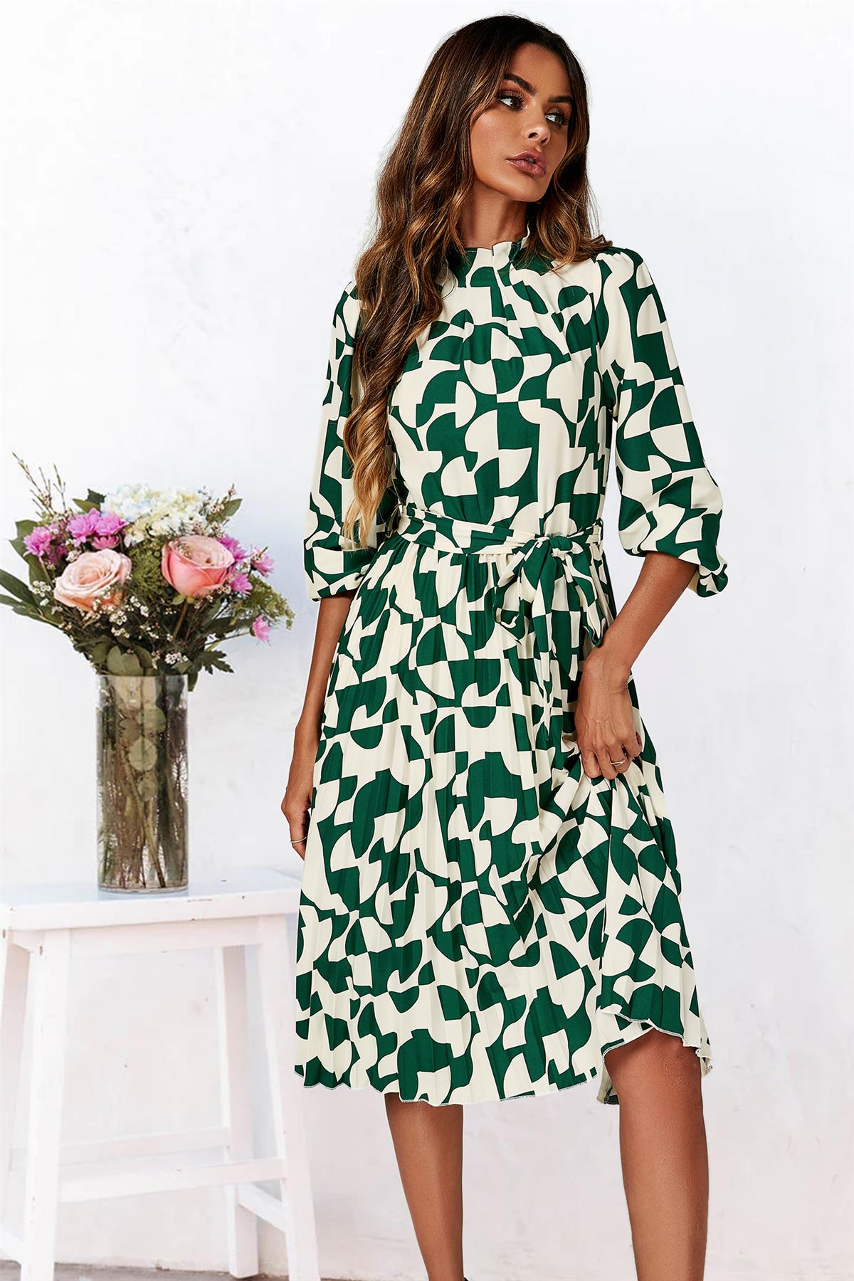 High Neck Long Sleeve Midi Dress In Green