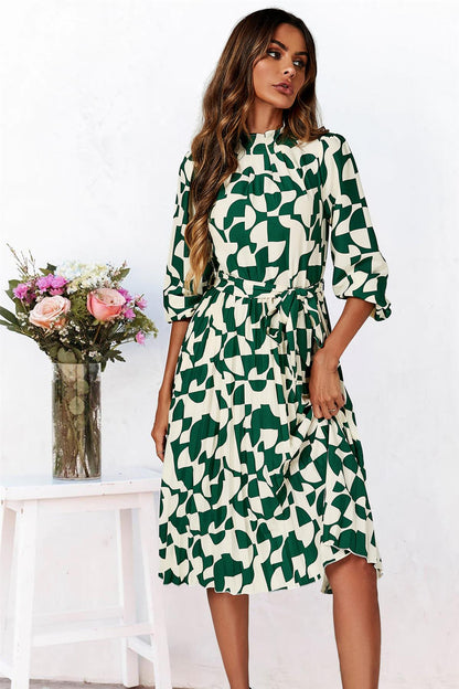 High Neck Long Sleeve Midi Dress In Green