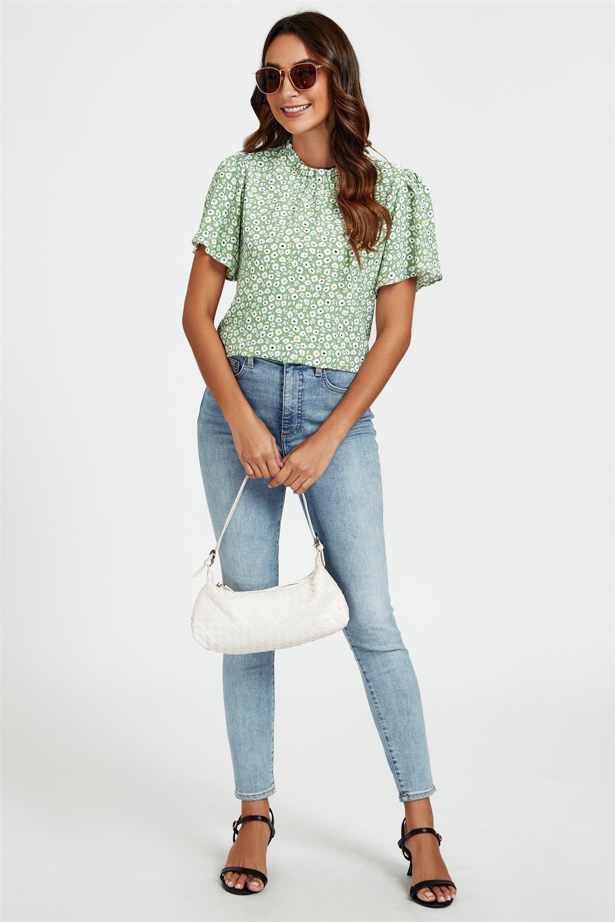 Little Floral Print Angle Sleeve High Neck Top/Blouse In Green