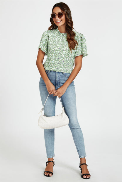 Little Floral Print Angle Sleeve High Neck Top/Blouse In Green
