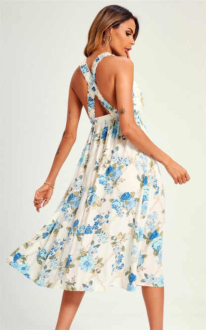 Pretty Flora Print Cross Back Midi Dress In White