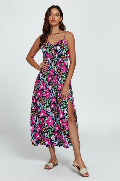 Maxi-Kleid mit Blumendruck & Bindeband vorne in Schwarz