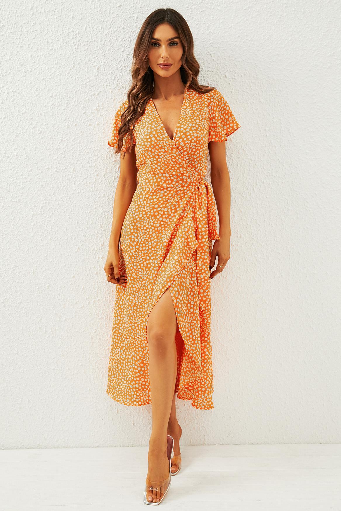Floral Print Wrap Midi Dress In Orange Yellow