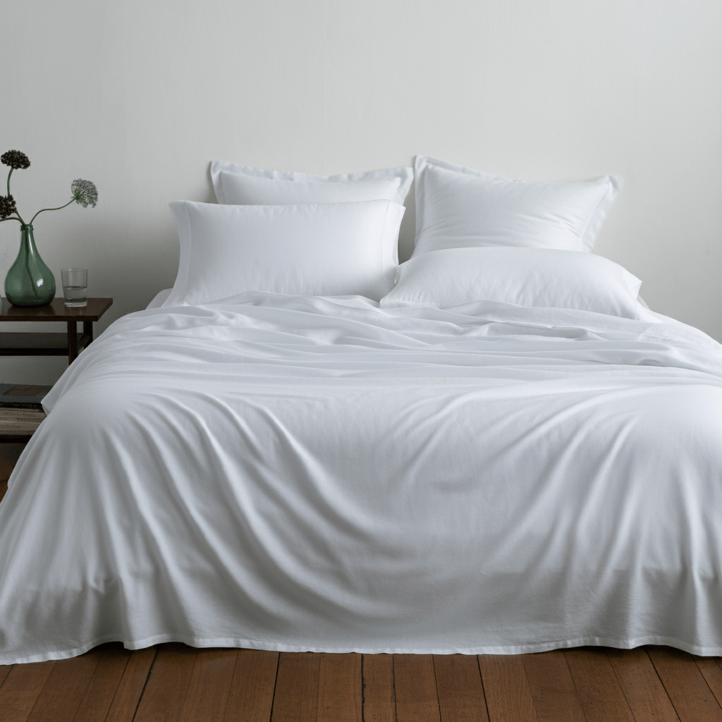 Grand Hotel Baumwolle Perkal Deckenbezug auf einem Bett mit weißen Kissen und einem modernen Schlafzimmer-Hintergrund.