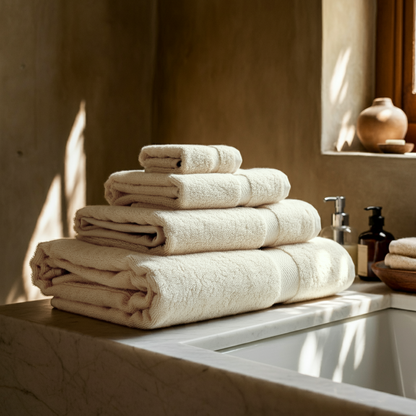 Plush ägyptische Baumwolle Handtücher gestapelt auf einem Badezimmerwaschtisch