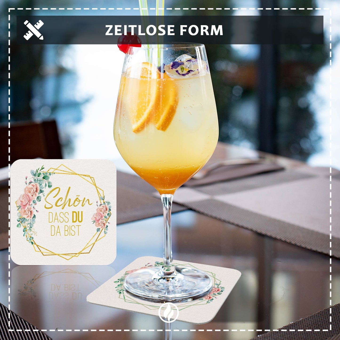 Florale Bierdeckel 'Schön, dass du da bist'