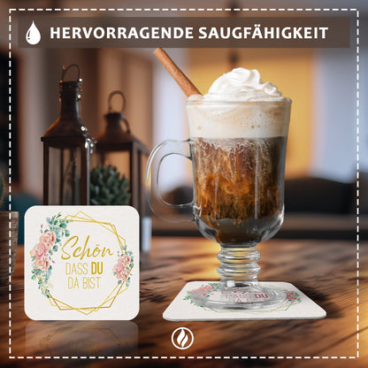 Florale Bierdeckel 'Schön, dass du da bist'