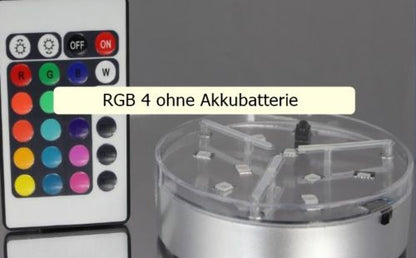 LED RGB Multicolor Platte mit Fernbedienung und Farbwechsel, betrieben mit 3x AA Batterien, Nahaufnahme der Fernbedienung und Platte.