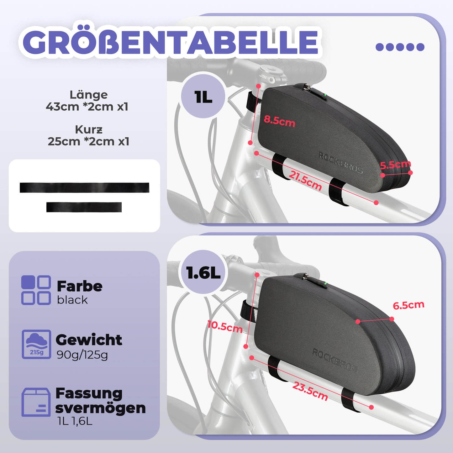 ROCKBROS Fahrrad Rahmentasche wasserdicht Staubfest Schwarz 1L/1,6 L