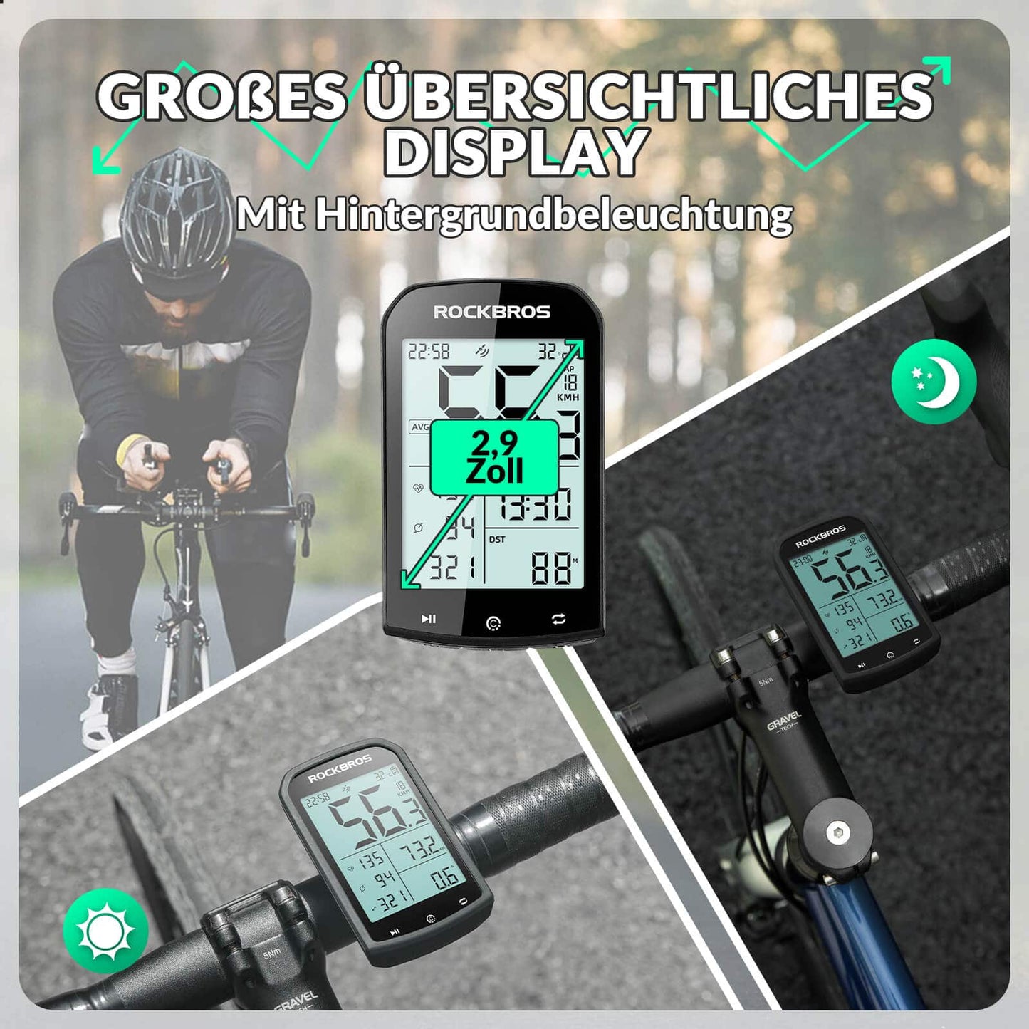 ROCKBROS Fahrradcomputer Kabellos GPS wasserdicht Tachometer und Kilometerzähler