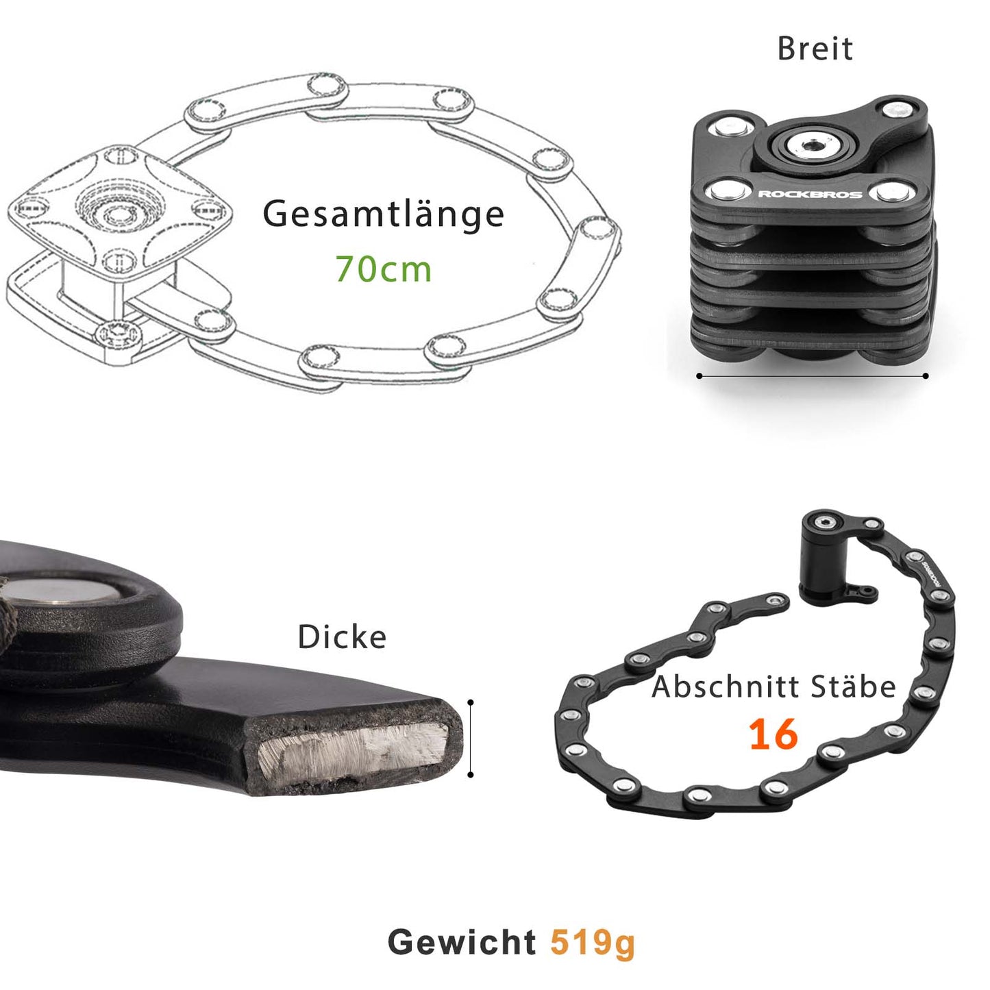 ROCKBROS Fahrradschloss Faltschloss 70 cm Lang Schwarz