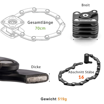 ROCKBROS Fahrradschloss Faltschloss 70 cm Lang Schwarz