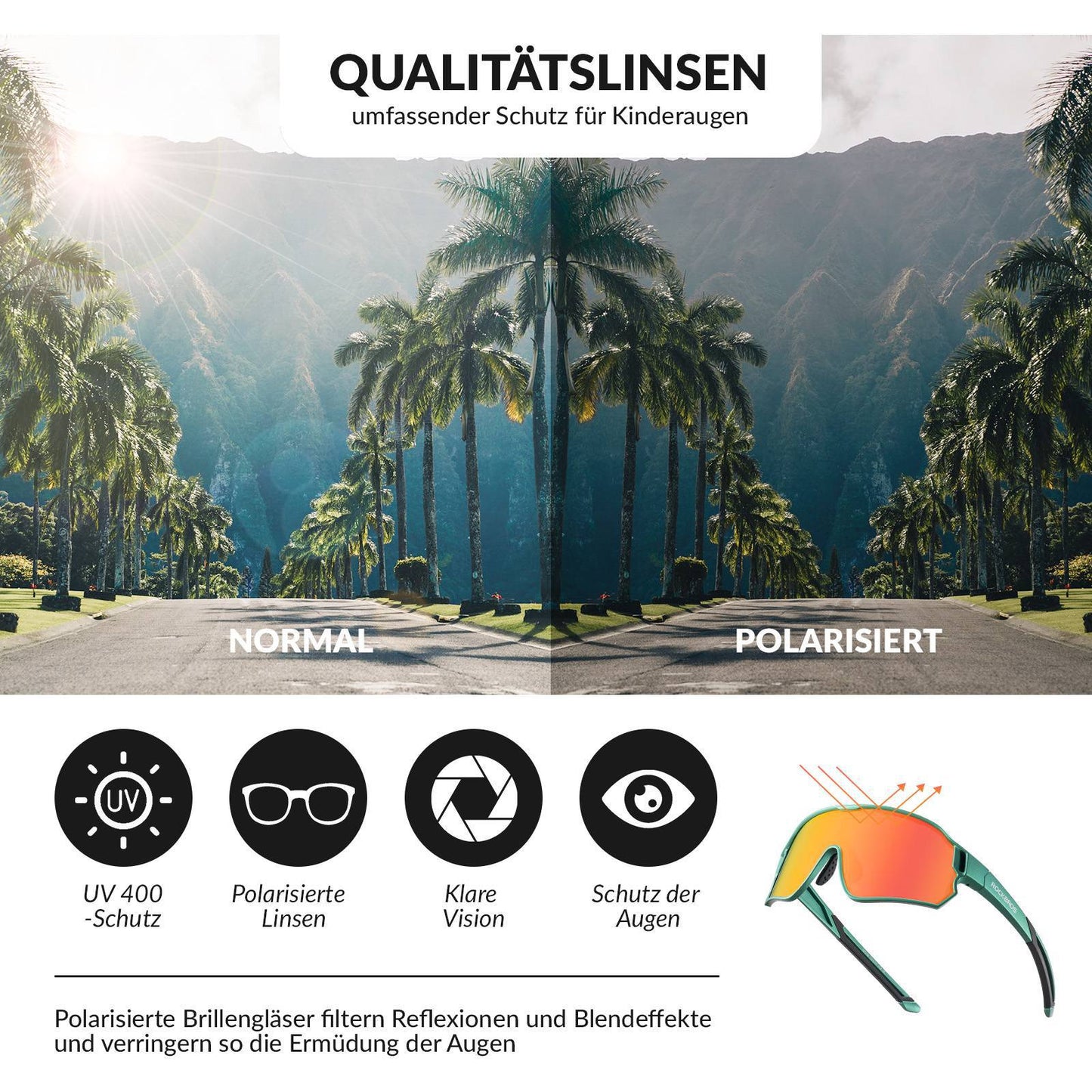 ROCKBROS Kinder Fahrradbrille UV400-Schutz Polarisierte Sonnenbrille