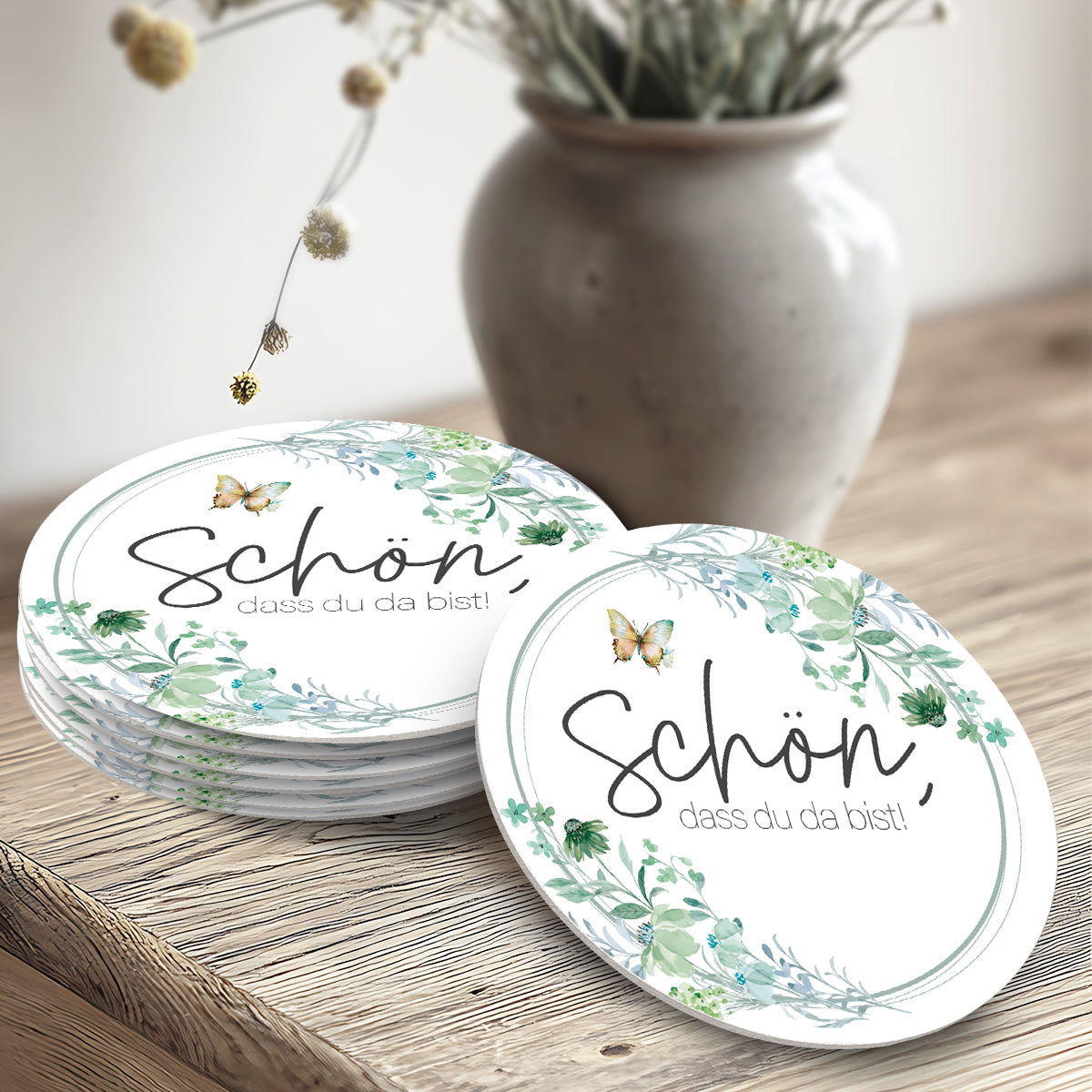 50 Bierdeckel rund Hochzeit Schön dass du da bist floral Boho Untersetzer Tischdeko