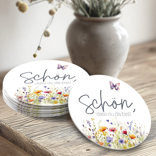 50 Bierdeckel rund Hochzeit - Schön, dass du da bist - florales Boho Design Tischdeko