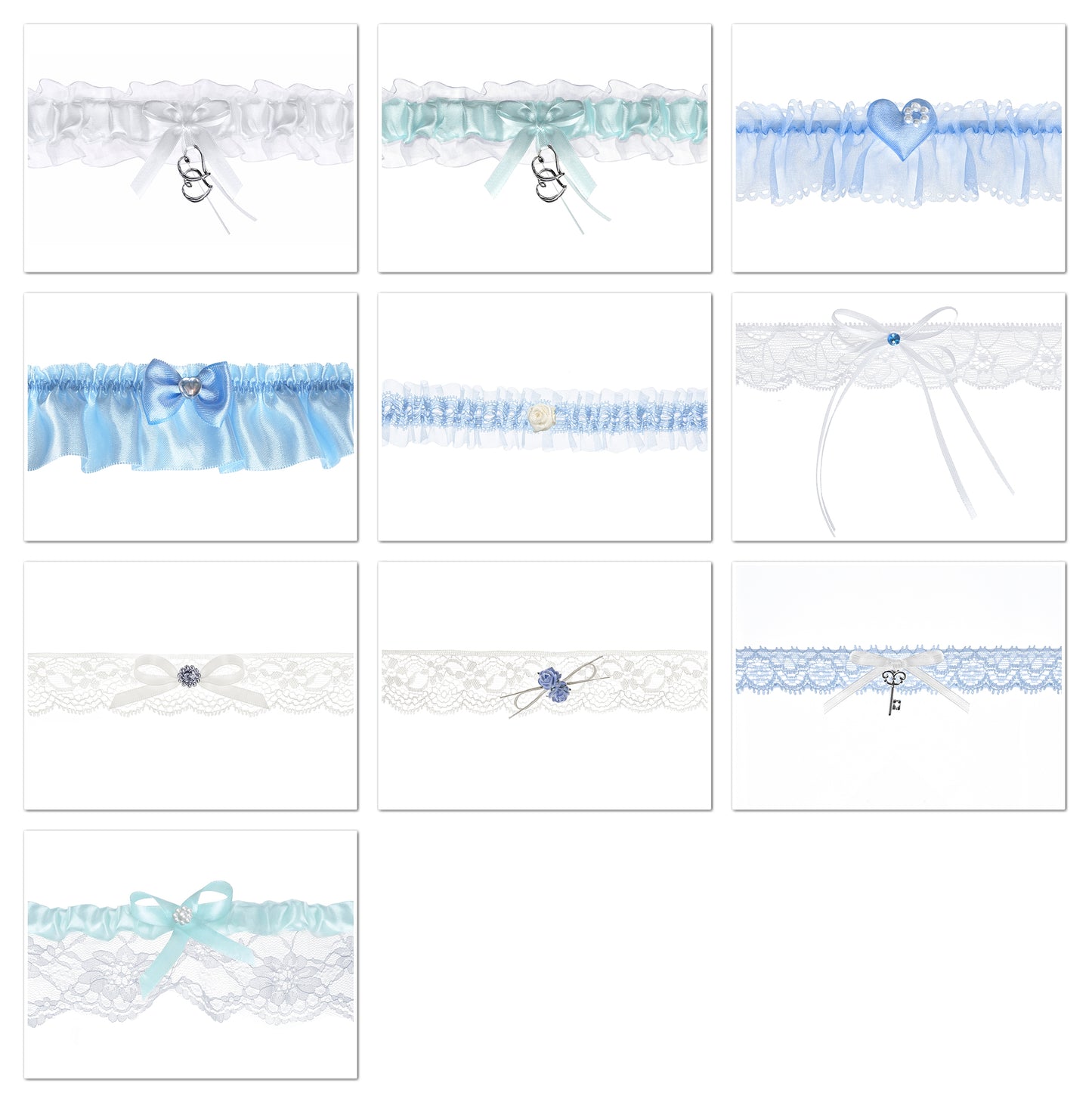 Strumpfband Hochzeit versch. Varianten in Weiß, Blau oder Creme aus Spitze Satin