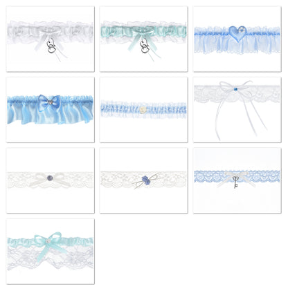 Strumpfband Hochzeit versch. Varianten in Weiß, Blau oder Creme aus Spitze Satin