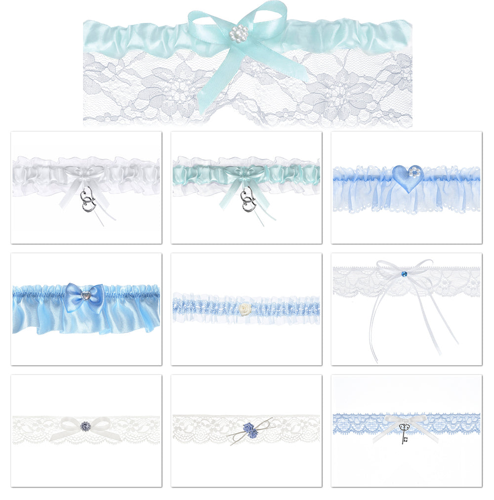 Strumpfband Hochzeit versch. Varianten in Weiß, Blau oder Creme aus Spitze Satin